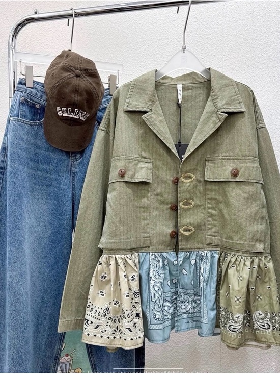 Jackets & Blazers - Vintage-Inspired Olive Green Denim Utility Jacket with Bandana Hem
